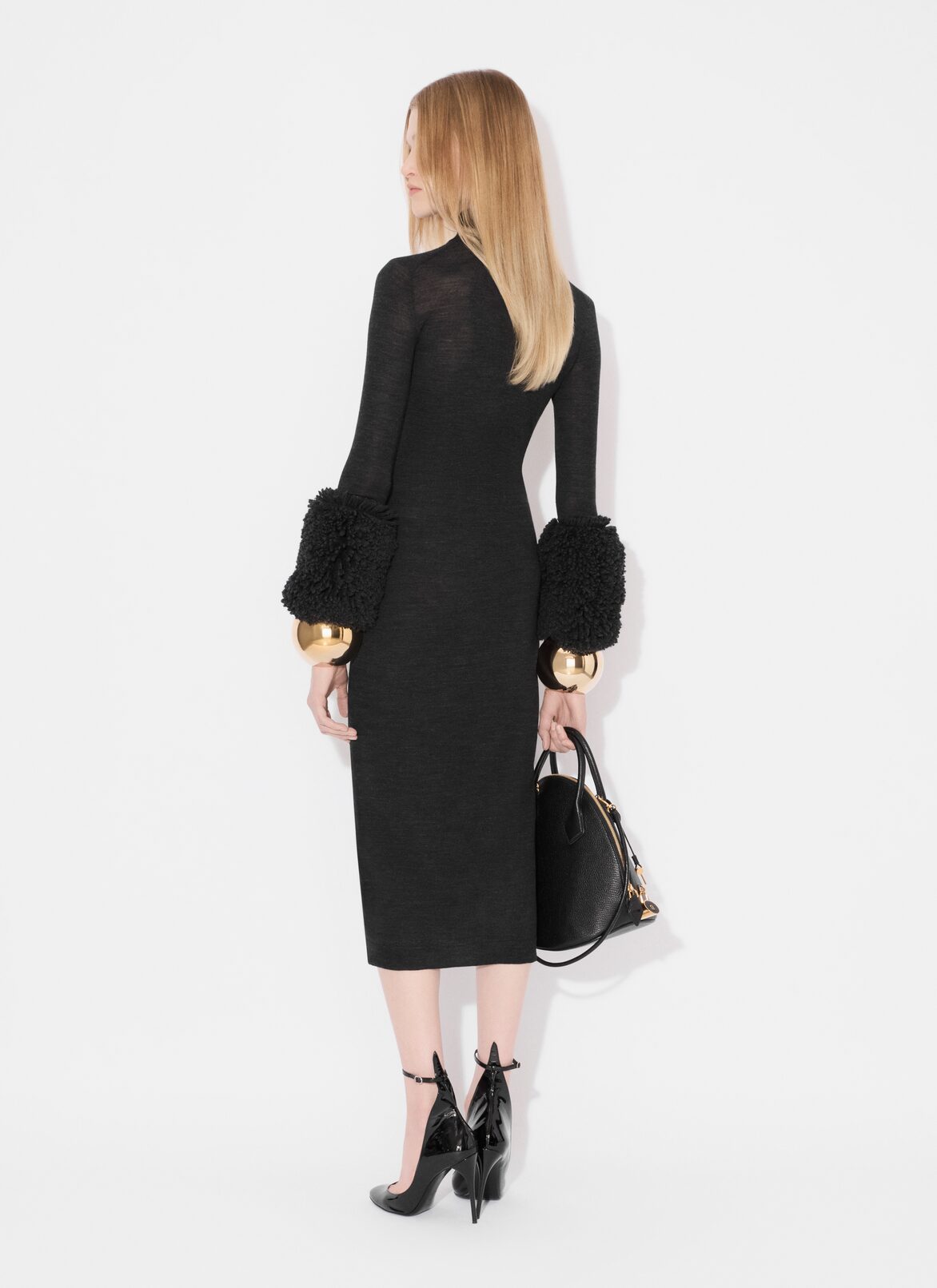 BODYCON KNIT DRESS WITH BUBBLE CUFFS ALAÏA BLACK BODYCON KNIT DRESS WITH BUBBLE CUFFS